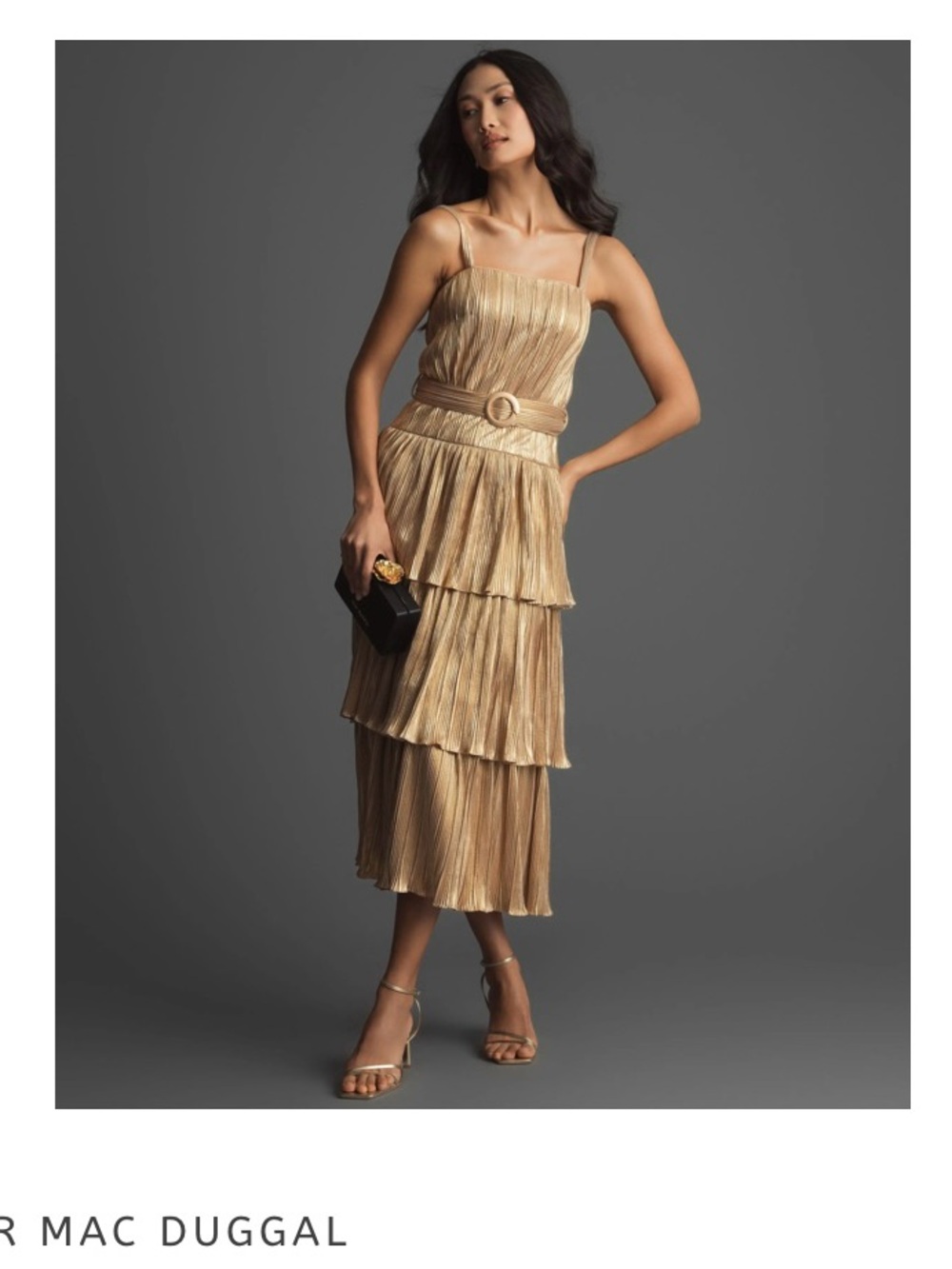 Mac Duggal Metallic Gold Tiered Pleated Maxi Skirt
